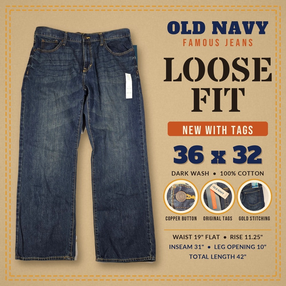 Old Navy Famous Jeans Mens 36x32 Loose Fit Straight Leg Dark Wash Denim NWT